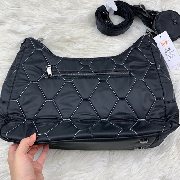 Lug Winger 2pc Hobo Bag Black Silver Stitch NEW Shoulder Crossbody Quilted Coin - Picture 7 of 9